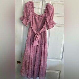 Mauve Pink Smocked Midi Dress with Tie Waist